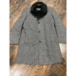 Vintage Botany Weather Topper Coat / Overcoat 40 Long Herringbone Faux Fur Lined